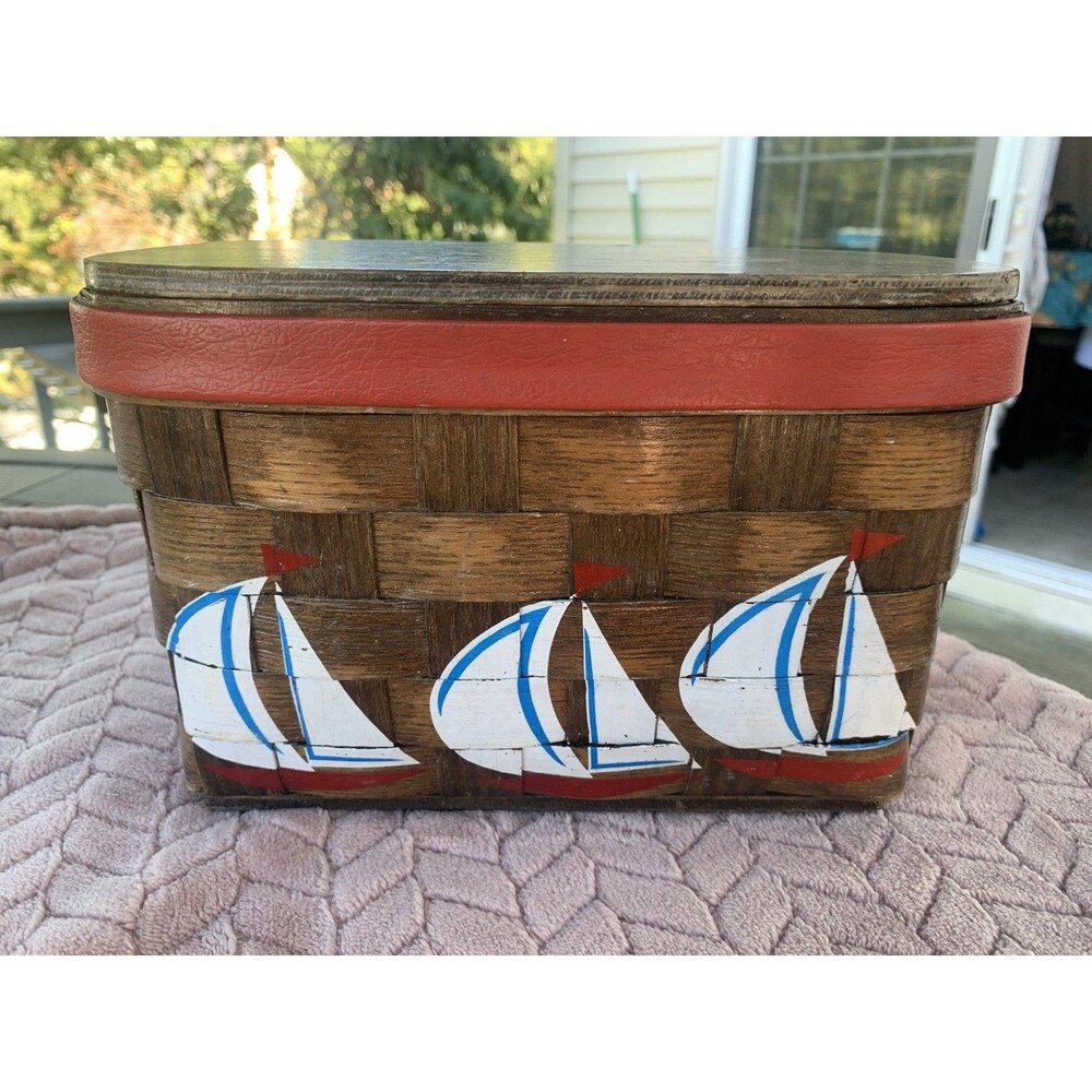 Vintage Caro Nan Wood Nautical Sailboat Red Basket Purse Red Quilted Lining USA